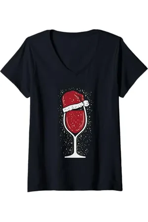 Funny Christmas gifts Womens Red Wine Glass with Christmas Hat Sparkle Wine Lover V-Neck T-Shirt