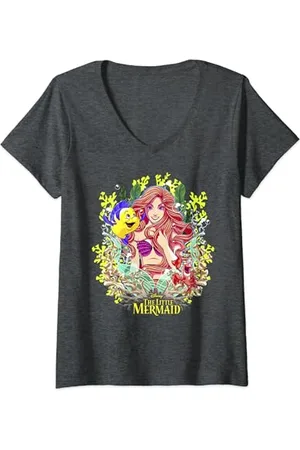 Disney Womens Little Mermaid Ariel And Flounder Floral Frame C1 V-Neck T-Shirt
