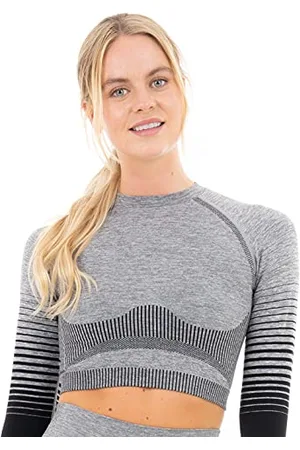 M17 Women Seamless Long Sleeve Crop Top, Gradient Ramp Yoga Sportswear, Womens Summer Tops Activewear for Gym Work Out. Grey Marl/Black, M