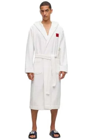 HUGO BOSS Mens Terry Gown Hooded Cotton-Terry Dressing Gown with red Logo Label