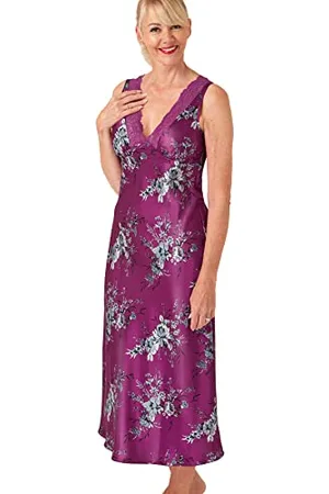 Marlon Womens Cleo Printed Satin & Floral Lace Long Nightgown, , 10-12