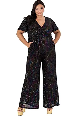 Lovedrobe Ladies Plus Size Jumpsuit Playsuit for Women Sequin Short Sleeve Plunging Neck Plus Size Curve Big and Tall Belt Size 18