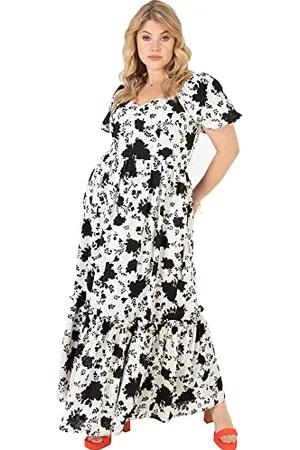 Lovedrobe Ladies Maxi Dress for Plus Size Women Curve Puffed Short Sleeve Back Tie Belt for Summer Party Office Flower Pattern Black White Size 18