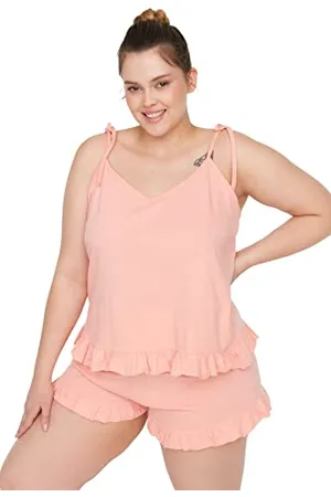 Trendyol Women Straight Knitted Camisole - Shorts Plus Size Pajamas Set