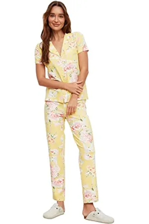 Trendyol Women Floral Button detailed Medium Knitted Shirt-Trousers Pajama Set