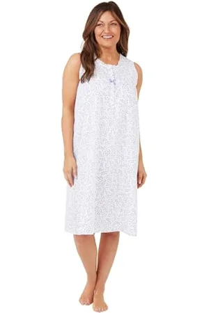 Marlon Ladies Sleeveless Poly Cotton Floral Nightie Swirl Leaf Nightdress White/Blue 16/18, ,16-18