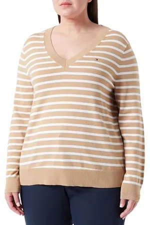 Tommy Hilfiger Women Jumper V-Neck, Multicolor (Classic Khaki/Ecru STP), 54