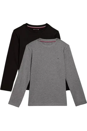 Tommy Hilfiger Boys’ 2 Pack Long Sleeve Crew Neck Cotton Tops, Multicolor (Medium Grey Ht/Black), 4-5 Years