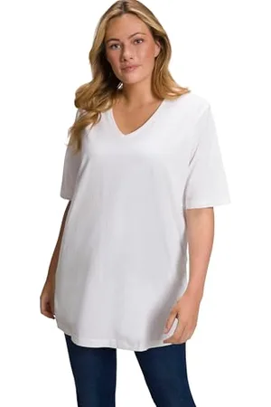 Ulla Popken Womenswear Plus Size Curvy Oversize Basic V-Neck Relaxed Fit Short Sleeve Tee Snow 42+ 515283200-42+