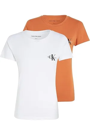 Calvin Klein Women Short-Sleeve T-Shirt Monologo Slim Crew Neck Pack of 2, Multicolor (Bright White / Burnt Clay), XS