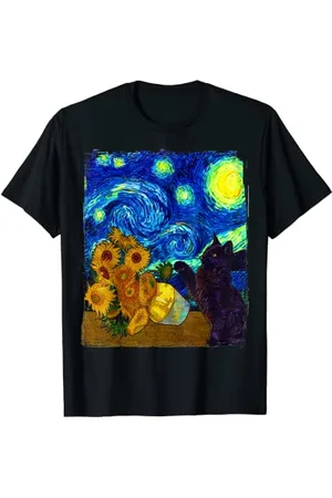 King Of Tees Starry Night Cat, Funny Van Gogh Sunflower, Cat Lover T-Shirt
