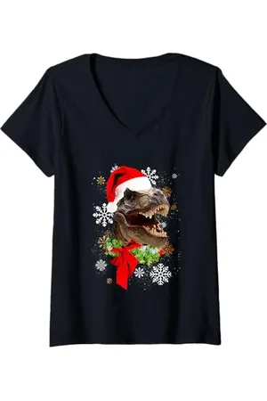 Trendy Apparel Womens Christmas Holiday T-Rex With Santa Hat V-Neck T-Shirt