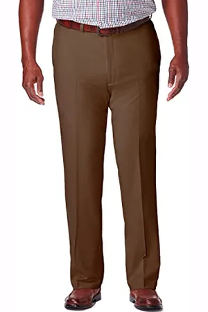 HAGGAR MensCool 18 Pro Classic Fit Flat Front Expandable Waist Pant Casual Pants - Brown - 38W x 32L
