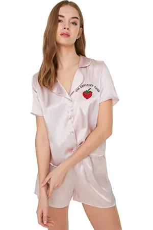 Trendyol FeMan Slogan Button detailed Thin Woven Shirt-Short Pajama Set