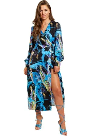 Liquorish Womens Abstract Print Midi Wrap with Long Sleeves Cocktail Dress, , 10 UK