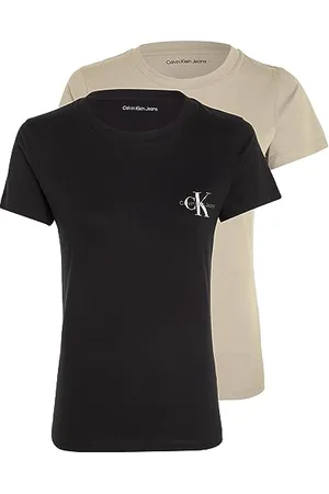 Calvin Klein Women Short-Sleeve T-Shirt Monologo Slim Crew Neck Pack of 2, Multicolor (Plaza Taupe / Ck Black), 3XL