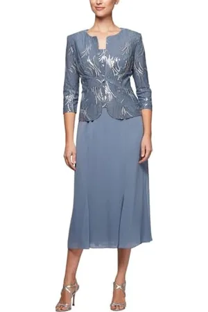 Alex Evenings Womens Petite T-Length Mock Dress with Sequin Jacket Dress - Blue - 14 Petite