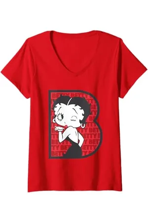 Betty Boop Womens B Letter with Wink V-Neck T-Shirt