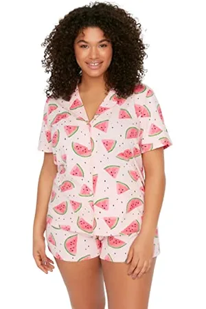 Trendyol Women Patterned Knitted Shirt-Short Plus Size Pajamas Set