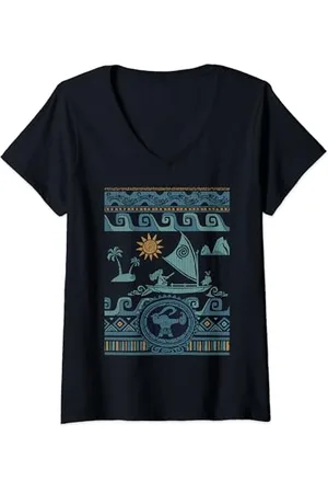 Disney Womens Moana Boat Collage V-Neck T-Shirt