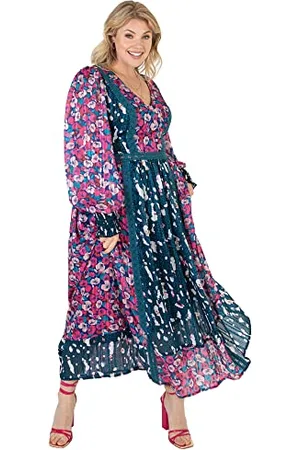 Lovedrobe Womens Maxi Plus Size Dress for Ladies Long Sleeve Flower Pattern V Neckline Back Lace Cuffs for Summer Office Party Blue Size 24