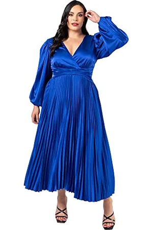 Lovedrobe Pleated Midaxi Dress Ladies Evening Gown V Neckline Back Keyhole Long Sleeve Bishop Satin A Line Size 22