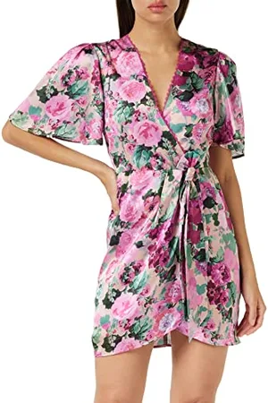 HOPE & IVY The Lana Flutter Sleeve Satin Wrap Mini Dress with Waist Bow Detail