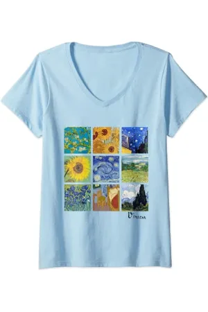 Vincent Van Gogh Art Aesthetic Paintings Womens Van Gogh Painting Collage with Sunflowers and Starry Night V-Neck T-Shirt