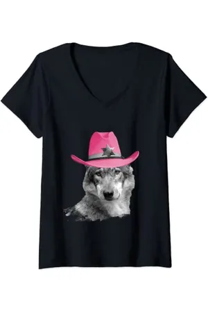 Random Galaxy Womens Wolf Wearing Pink Cowboy Hat Cowgirl V-Neck T-Shirt