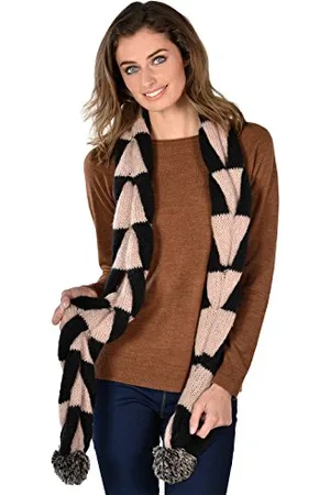 Autumn Faith Ladies Scarf Linz Design Long Soft Knitted Wrap Beige Black Twisted Plait With Pom Poms Warm Cosy Womens Autumn Winter Fashion Neck Wrap 185cm