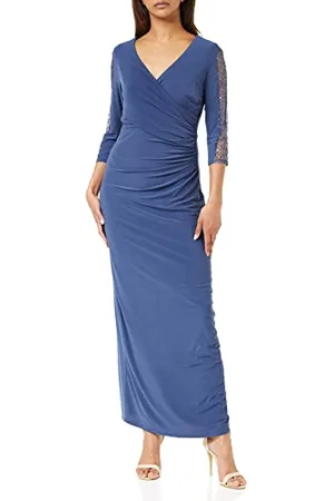 Gina Bacconi Long Surplice Neckline Dress with Rusched Waist and Beaded Sleeves., , 22