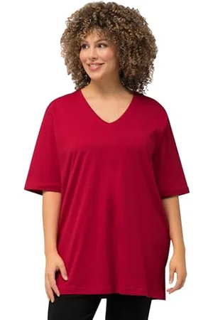Ulla Popken Womenswear Plus Size Curvy Oversize Basic V-Neck Relaxed Fit Short Sleeve Tee Poppy 42+ 515283575-42+