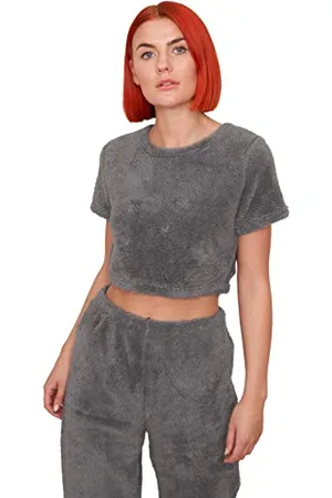 OHS Clothing Teddy Fleece Crop Top Short Sleeve Warm Soft T-Shirt Plain Pullover Casual Womens Loungewear, - Medium 10/12