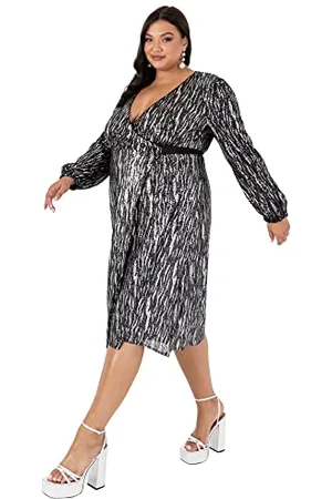 Lovedrobe Ladies Womens Plus Size Curve Midi Dress Sequins Wrap Shimmery Bow Tie Belt with Long Sleeve Bishop Slit Silver Size 22