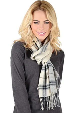 Autumn Faith Womens Scarf Isla Design Long Soft Woven Cream Grey Checked With Plain Weave Back Twist Fringe Plaid Ispired By Scottish Islands Hebrides Tweed Pattern Ladies Autumn Winter Fashion Neck Wrap 180cm