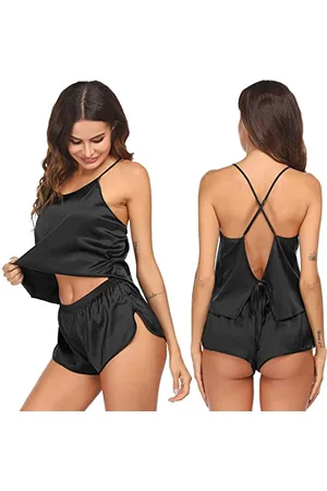 Ekouaer Sleepwear Womens Sexy Pajamas Set Silk Lingerie 2 Piece Satin Cami Shorts Set PJS Wife Gift - - Large