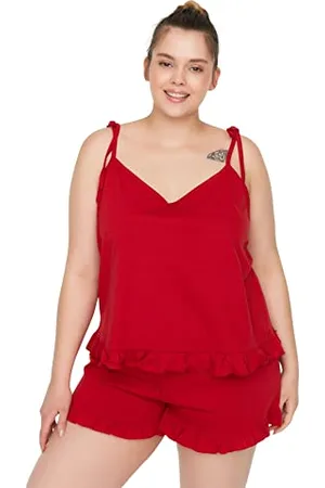 Trendyol FeMan Plain Knit Camisole - Shorts Plus Size Pajamas Set