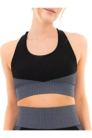 M17 Womens Ladies Sports Bra Textured Panelling Striped Comfort Athletics Yoga Gym Bras Top Adjustible Straps Removeable Pads - Large - Grey