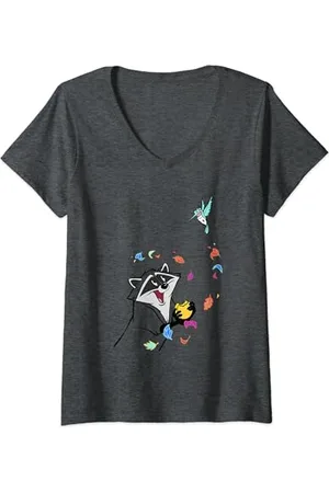 Disney Womens Pocahontas Meeko Flit Colorful Leafs Fall V-Neck T-Shirt