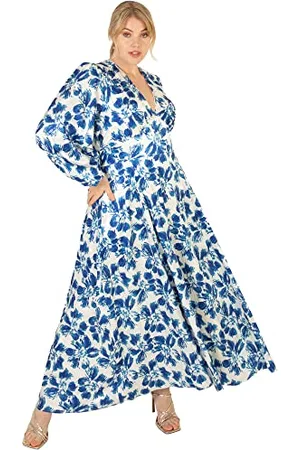 Lovedrobe Womens Dress for Plus Size Ladies V Neckline Maxi Long Sleeve Length Tie Belt Bishop Flower Pattern for Office Party Size 24