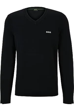 HUGO BOSS Mens Ever-X VN Cotton-Blend V-Neck Sweater with Logo Print