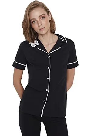 Trendyol Women Straight Piping detailed Medium Knitted Shirt-Trousers Pajama Set