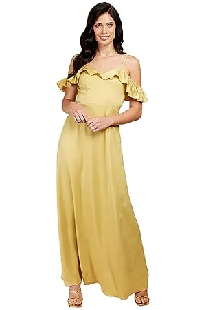 Little Mistress Yellow Frill Cold-Shoulder Maxi Dress, 8