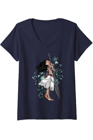 Disney Womens Moana Tropical Floral Print V-Neck T-Shirt
