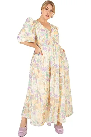 Lovedrobe Womens Ladies Maxi Summer Dress for Plus Size Curve 3/4 Sleeve Puffed V Neck High Empire Waist Long for Summer Party Size 16