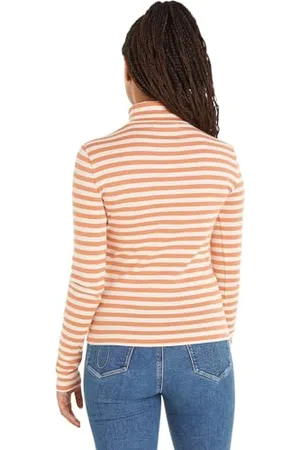 Calvin Klein Women Long-Sleeve T-Shirt Striped Turtleneck, Multicolor (Ivory / Tropical Orange), XL