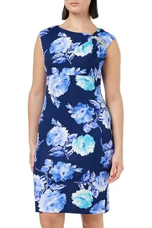 Gina Bacconi Printed Shift Dress with Trim, Navy/Multi, 12