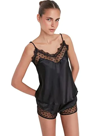 Trendyol Women Straight Lacework/Mesh/Net detailed Thin Woven Camisole - Shorts Pajama Set