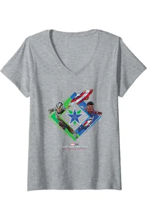 Marvel Womens Captain America: Brave New World Falcon & Cap Teamup V-Neck T-Shirt