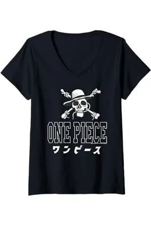 Onepiece Womens Kanji & Straw Hat Pirates Logo Anime V-Neck T-Shirt